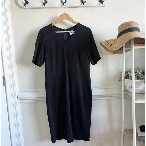 Cabi Sz 8 Solid Black V Neck Ponte Knit Sheath Shift Pencil Dress - Picture 5 of 12